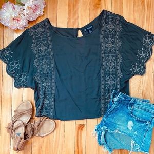 American Eagle Boho Grey Embroidered Top